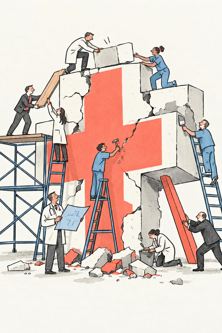 Ilustracja z książki: grupa osób buduje dużą konstrukcję