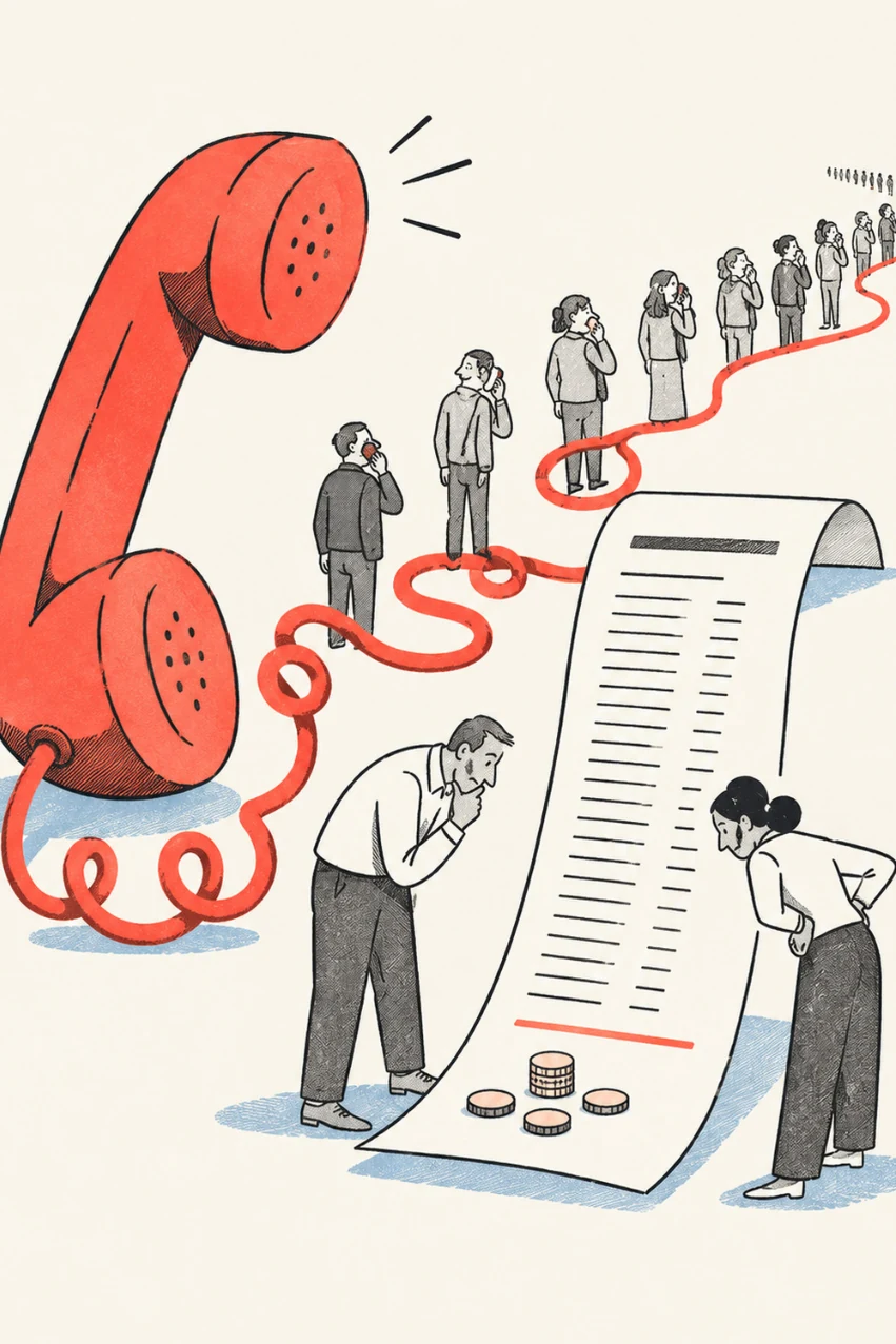 Ilustracja z książki: czerwony telefon i długa lista rozmów